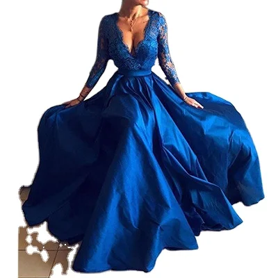 Женское вечернее кружевное платье с длинным рукавом и V-образным вырезом