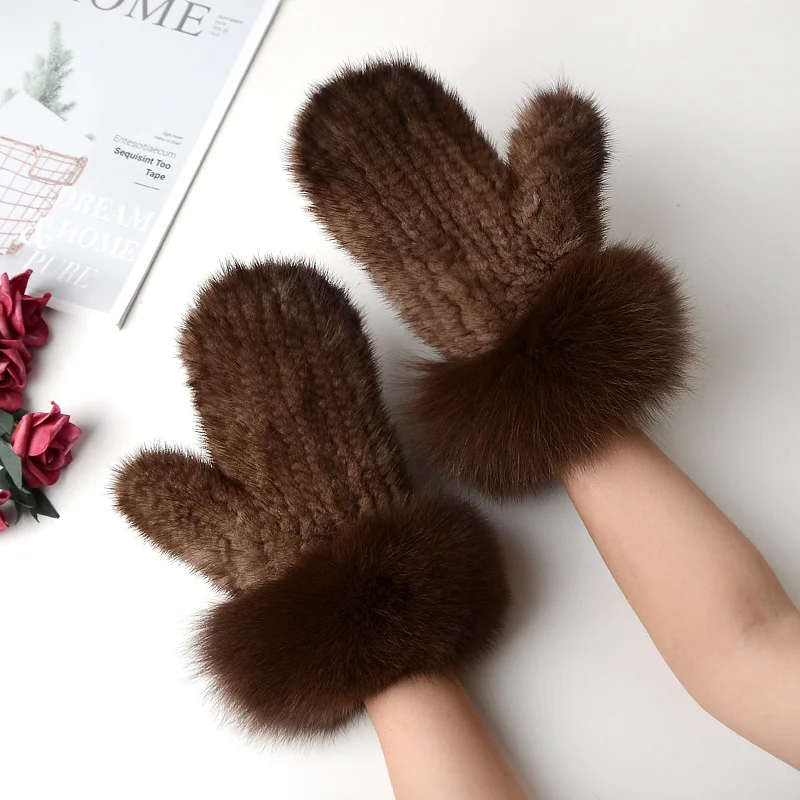 Новинка, вязаный женский зимний теплый мех норки с пальцами