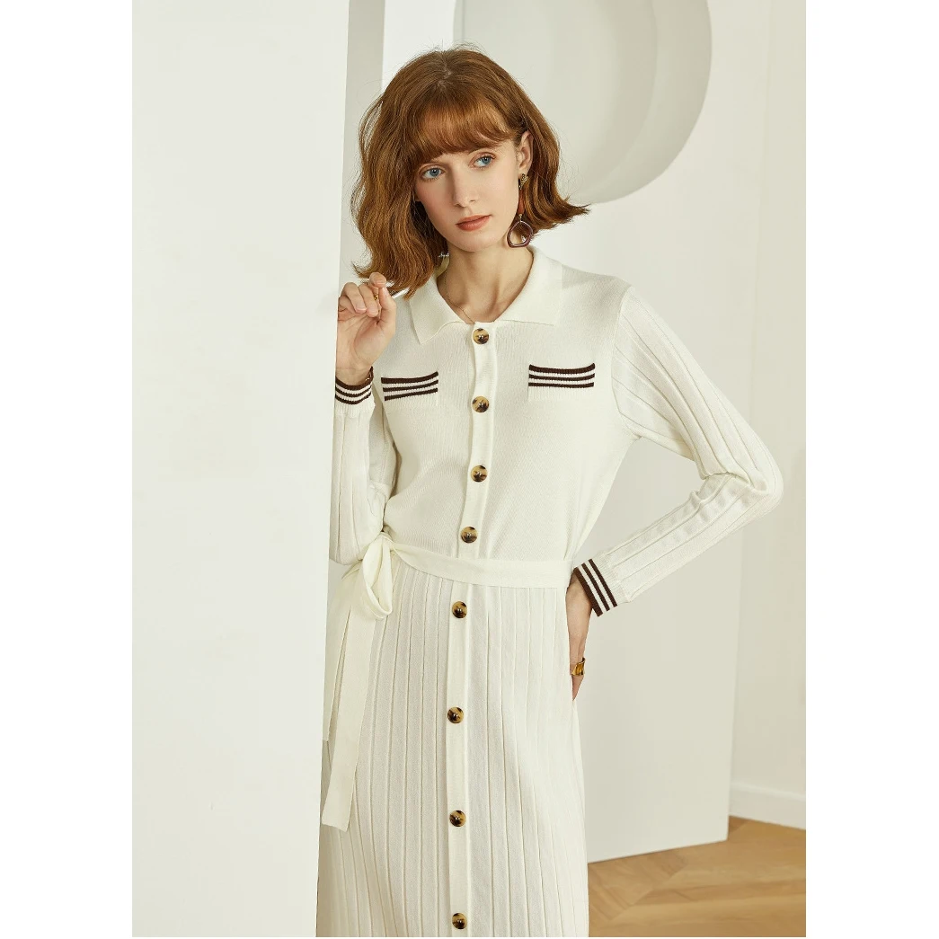 High Quality Long Sweater Dress 2021 Knitwear Women Button Long Sleeve knit Casual Dress with belt