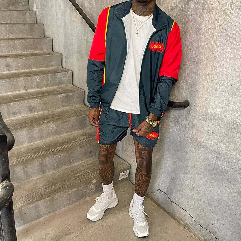 Custom colorblock short set nylon polyester windbreaker men 2 piece wind breaker Streetwear summer tracksuit shorts set for men