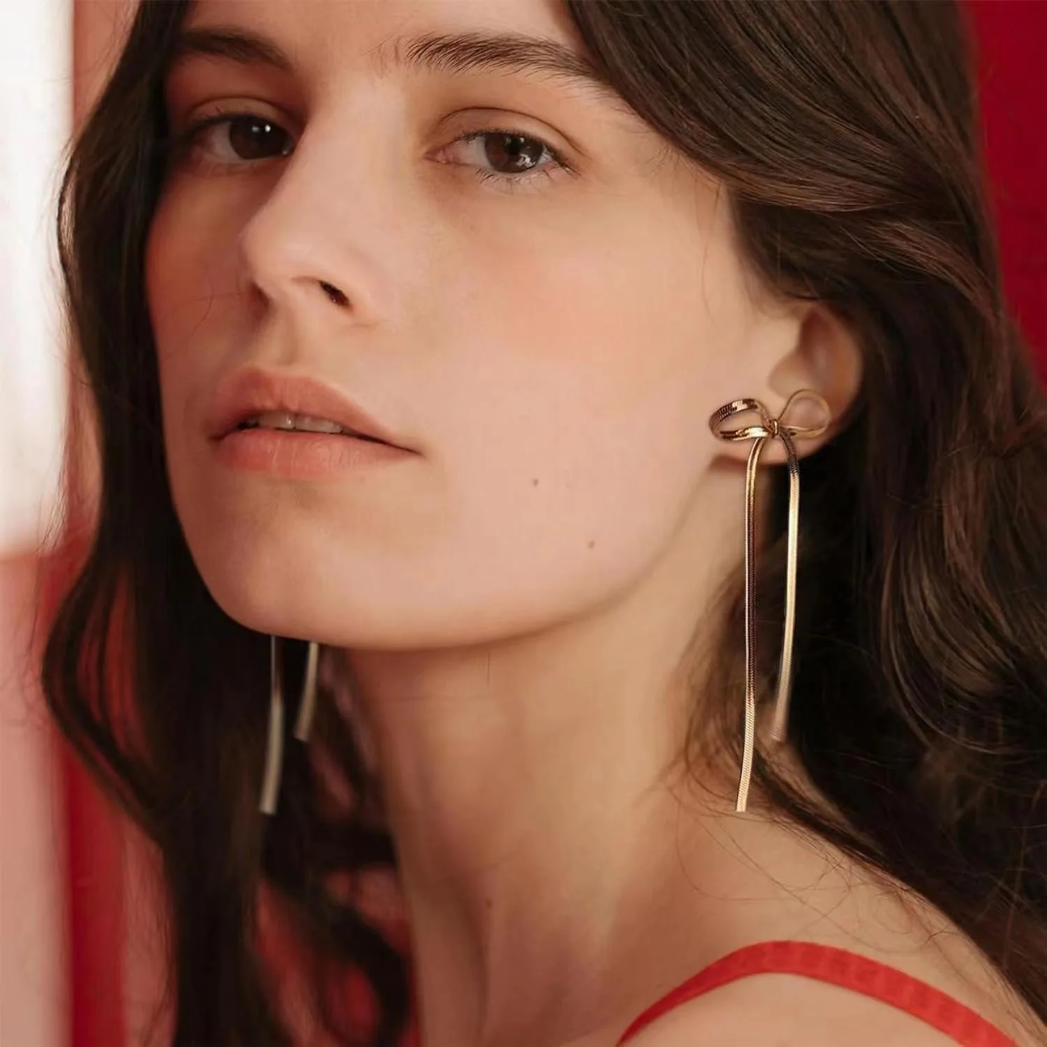 2024 New Trendy Elegant Statement Ribbon Fringe Waterfall Dangling Earrings 14k Gold Plated Bow Dangle Drop Tassel Earrings