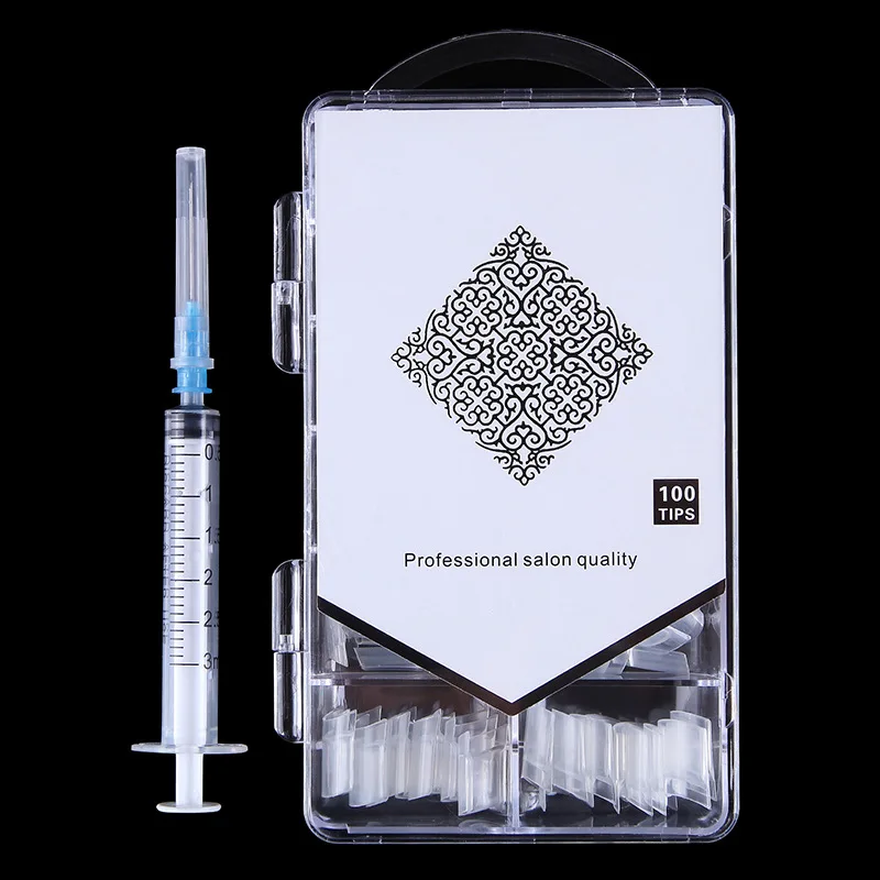 100 Pcs/Box New Nail Design Inject False Nails&1Pc Syringe#C Water Injection Artificial Hollow Nail
