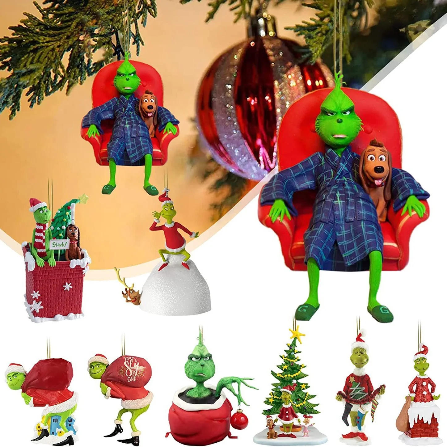 2024 Hot Selling Wholesale Funny Green Dolls Christmas Decor acrylic Flat Christmas Grinchs Hanging Ornaments for Christmas tree