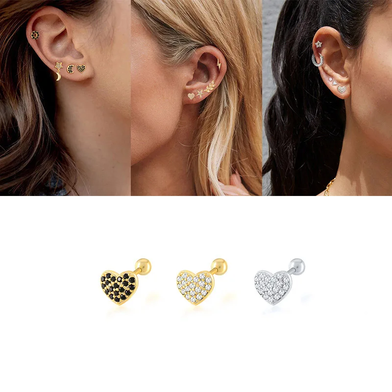 JCA S925 sterling silver light luxury ins heart-shaped full diamond thread piercing earrings