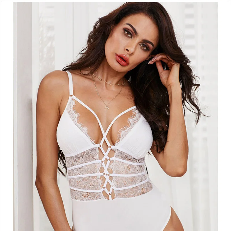 Hot Wholesale Sexy Transparent Bodysuit Cross Perspective Lace Lingerie