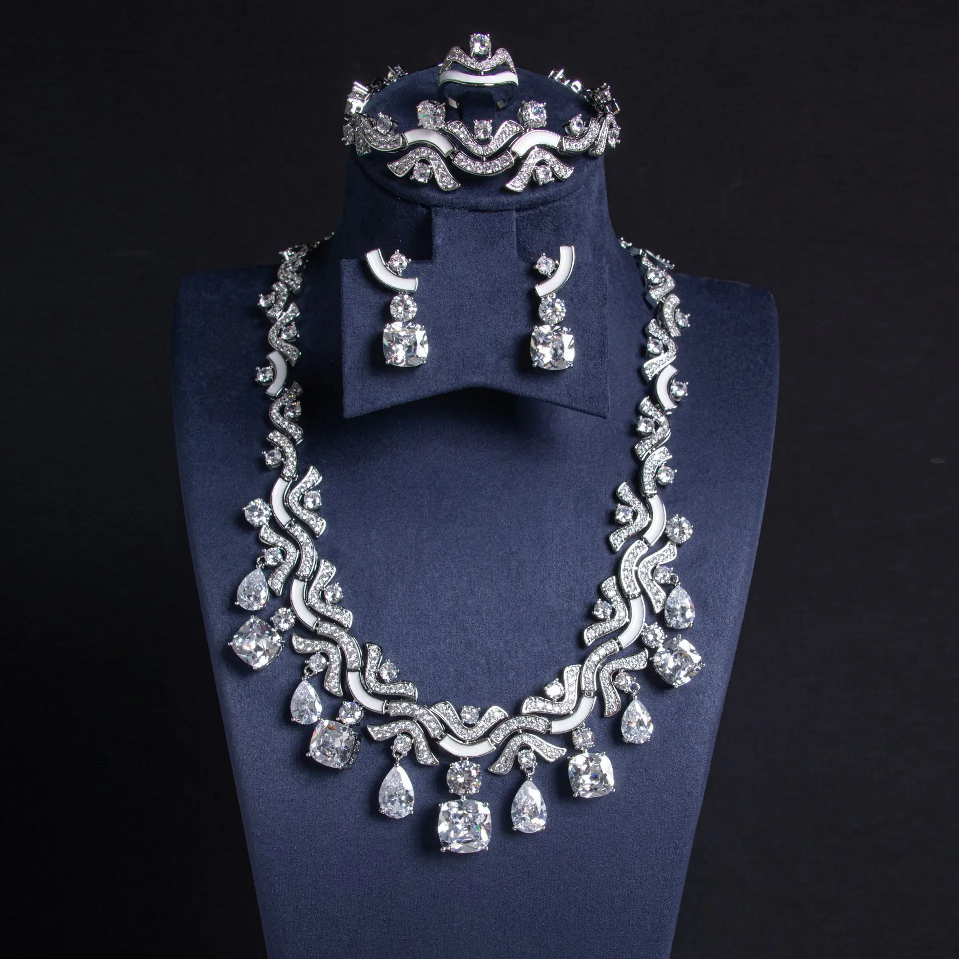 Wholesale Bridal Costume Jewellery Gifts Colorful CZ Diamond 4 Pieces Branches Women Wedding Jewelry Set