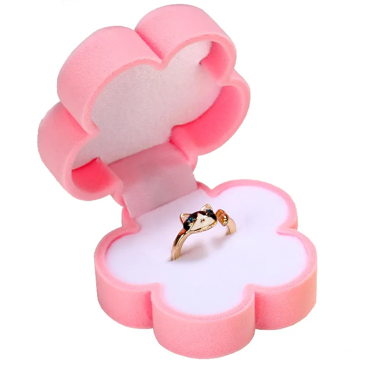 Delicate Lovely Flower Velvet Pink Jewelry Wedding Ring Display Girl Kids Birthday Gift Decoration Case For Jewelry Packaging