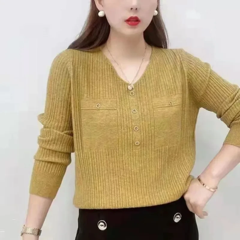 2024 Spring Slim Fit Bottoming Sweater Tight Long Sleeve Sweater Knitted V Neck Pullover for Women