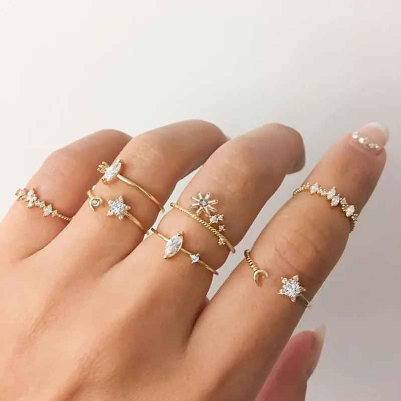 
Wholesale 2020 New Trendy 18K Gold Plated Hollow Star Wave Crystal Jewelry Customized Men Women Simple Fashion Rings 