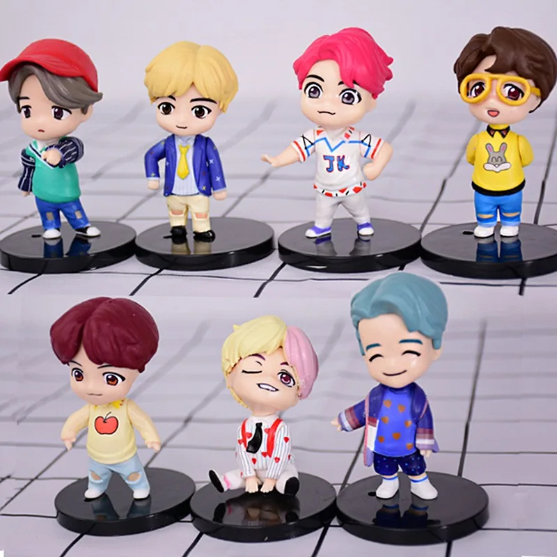 7PCS/set Bangtan Boys Groups Model Toys KPOP Star Cartoon Toy PVC Keychain Figures Car Hanging Ornaments Cake Decoration