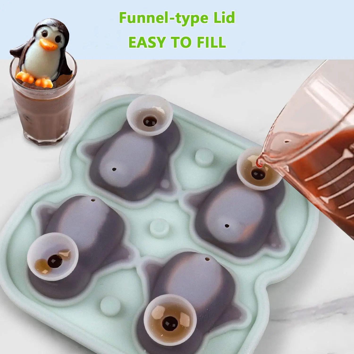 Food Grade Silicone Ice Mold with Clear Funnel-type Lid 3D Penguin Ice Cube Mold, Penguin Shape Ice Cube Tray