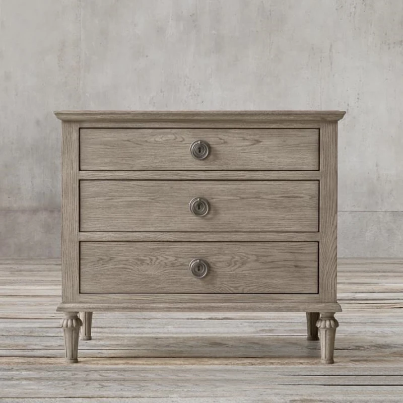 RH American solid wood nightstand vintage carved drawer locker Bedroom oak bedside cabinet three draw storage cabinet custom