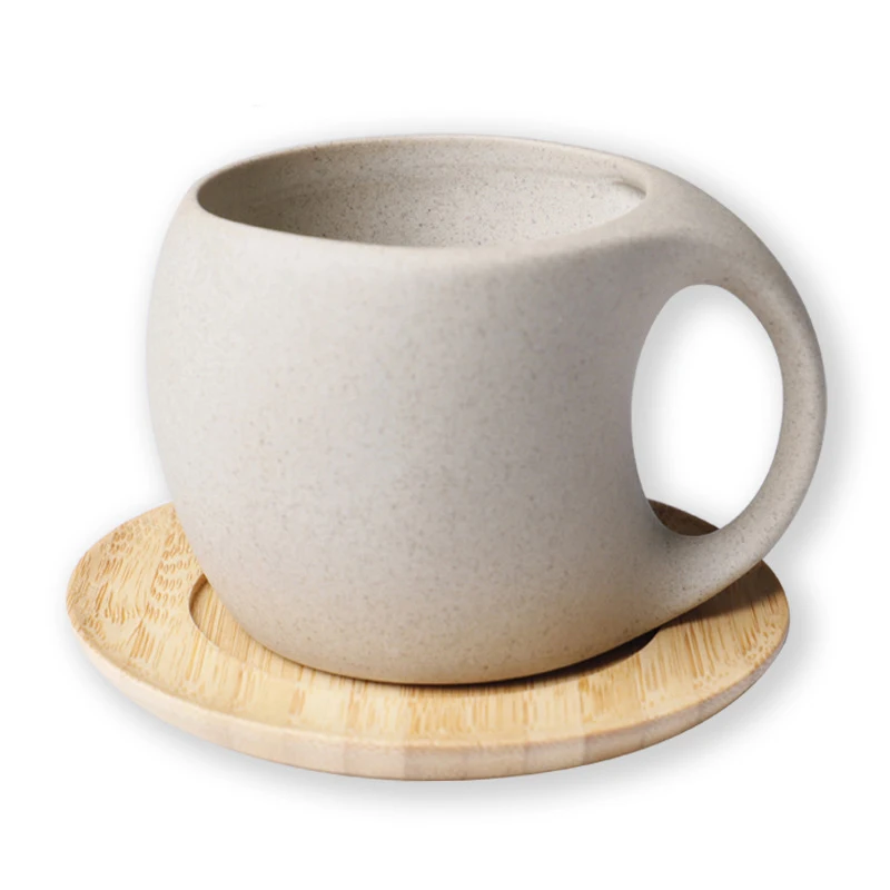 Wholesale Vintage Nordic Ceramic Coffee Cup With Bamboo Tray Saucer Handmade Vintage Pottery Coffee Mugs With Plate Tray Set