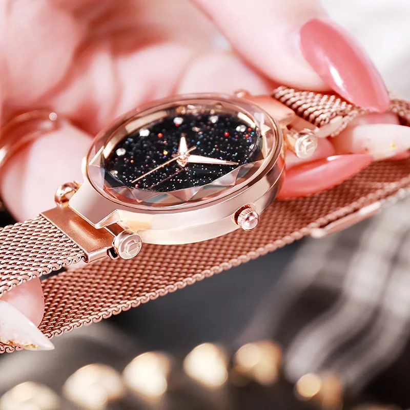 
New Fashion Women Luxury Stainless Steel Mesh Belt Ladies Starry Sky Magnet alloy Ladies Wrist Watch 