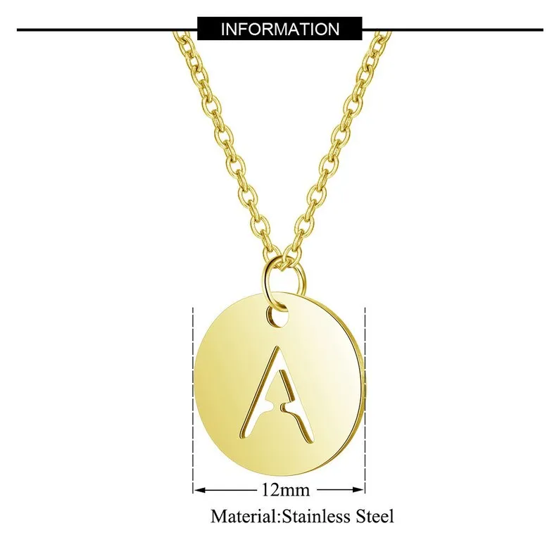 Wholesale Gold Stainless Steel Initial Letter Alphabet Round Hollow Pendant Charm Necklace for Women Girls
