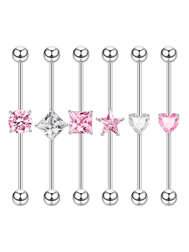 YICAI Simple Surgical Steel Barbell Heart Star Square Zircon Pink White CZ 38mm Ear Industrial Piercing
