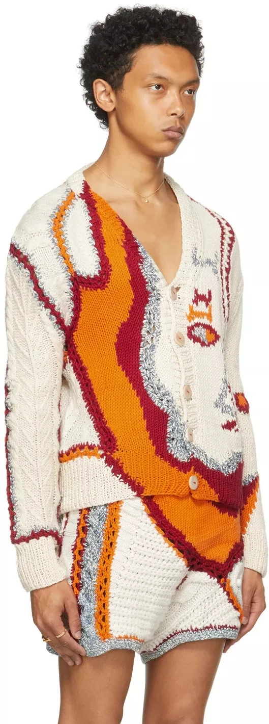 YF  Custom V Neck Abstract Knitted Fashion Button Up Loose Long Sleeve Jacquard Cardigan  Beige Sweater Pattern Cardigan Men