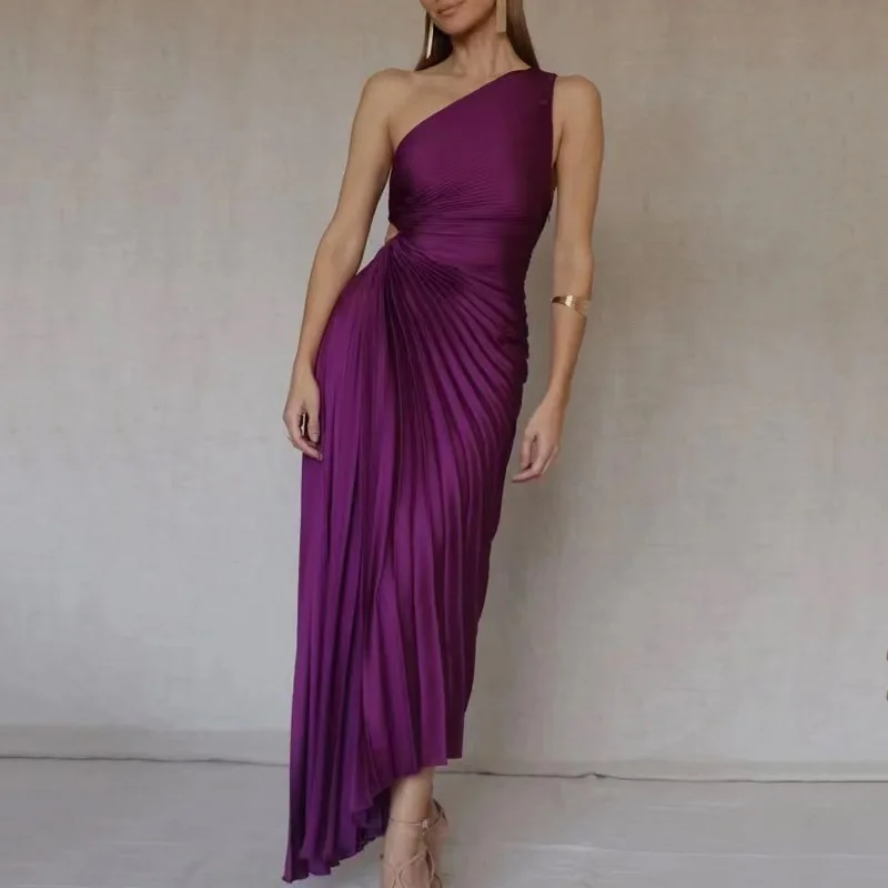 Summer Asymmetrical One Shoulder Women Maxi Cut Out Long Evening Dress Hollow Ruched Pleated Dress