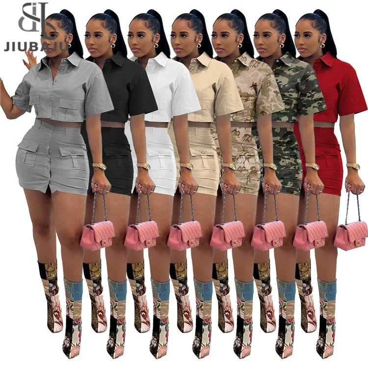 2 Piece Sets Women Outfit Short Sleeve Turn Down Collar Shirt Button Mini Cargo Skirt Suit Two Piece Set Summer