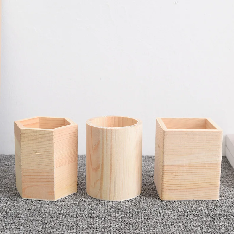 unfinished round desktop office organizer pot rustic wooden pen holder