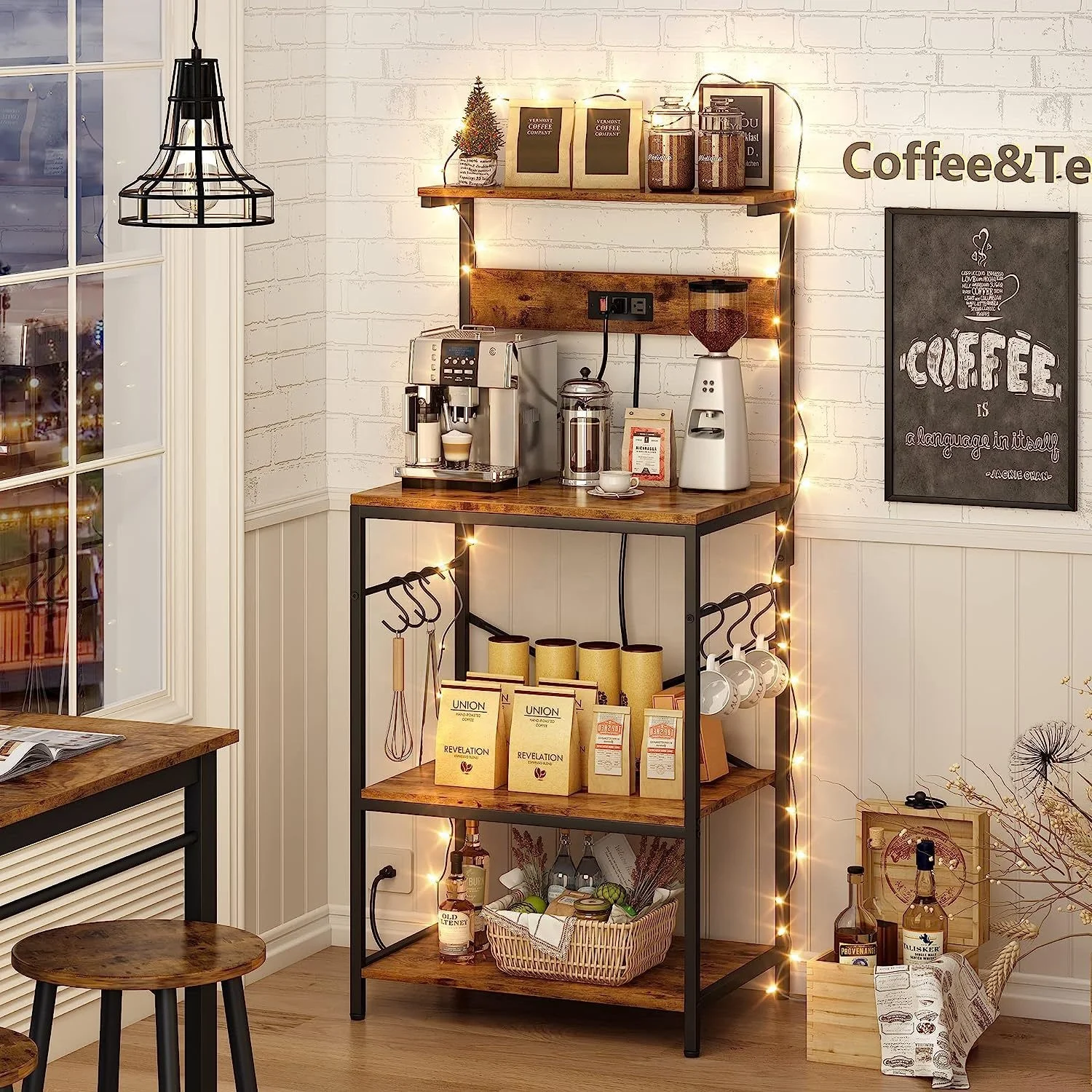 Kitchen Storage Shelf Rack for Spices, Pots and Pans Kitchen Bakers Rack with Power Outlet, Coffee Bar Table Microwave Stand