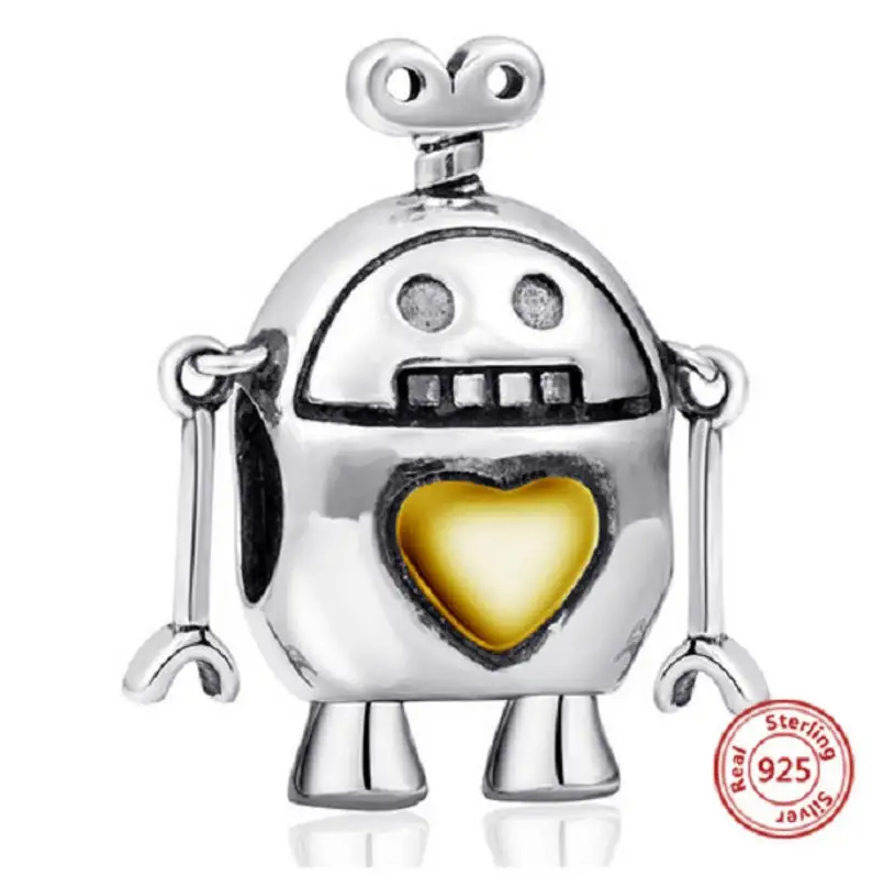 Hot Sales Fit European Bracelet 925 Sterling Silver Robot With Gold Love Heart Beads Charm Bead For Jewelry Making