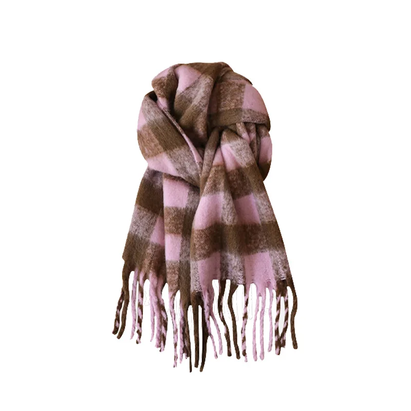 Blue scarf female winter senior sense Korean version of all students mohair checkered bib cape