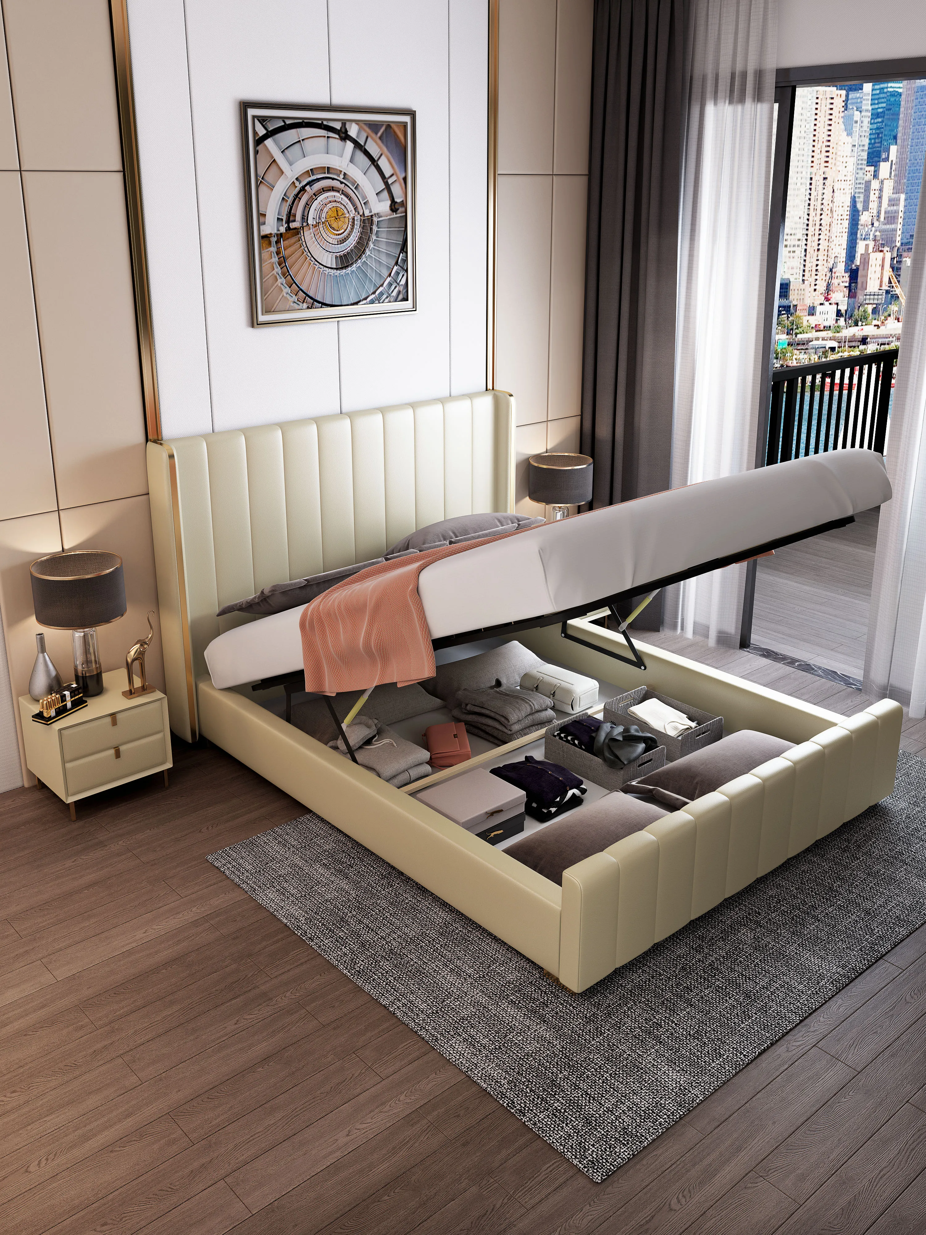 Hot Sale Factory Price Box Bed Wood Nordic Genuine Leather Beds Luxury Modern Beds With Storage