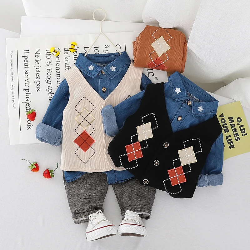 
Spring Korean fashion shirt vest cardigan three piece baby set 