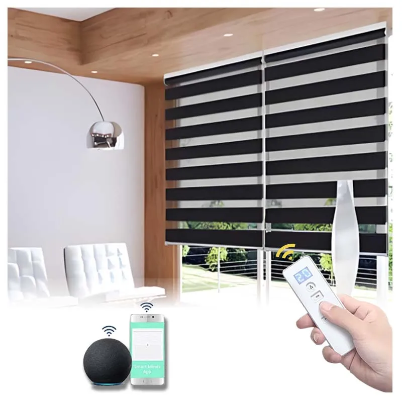Motorized Wifi smart Home 100% Blackout double layer zebra blinds Indoor shade Window zebra roller blind