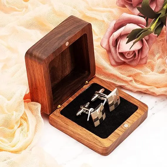 Small Walnut Wood Cufflinks Gifts Box for Men Cuff Links Display Storage Case
