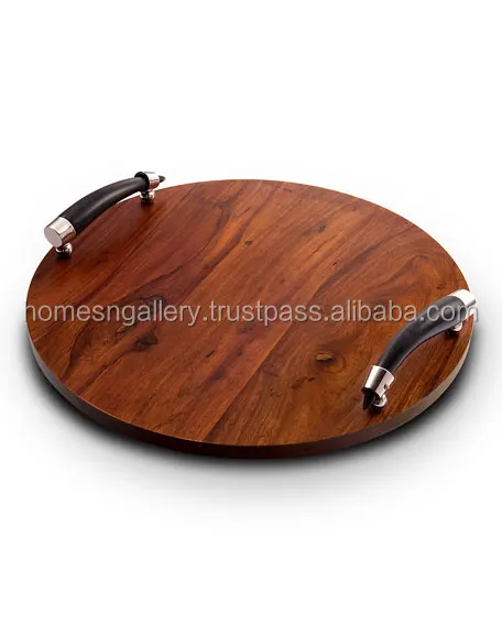 Rectangular Wooden Tray with Metal Handle