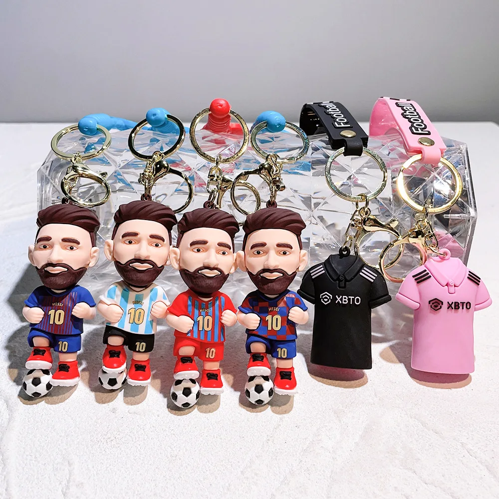 Hot selling 3D cartoon football team star messi keychain soft rubber PVC jersey toy backpack pendant souvenir