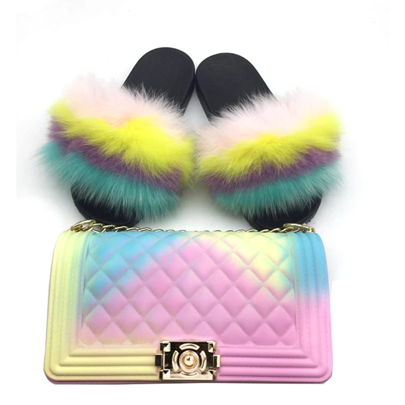 Fashion Outdoor Soft Real fluffy Flip Flops Home Sets Sandals 2019 Fur Slides And Matching Purses Slippers Women Fur Slides