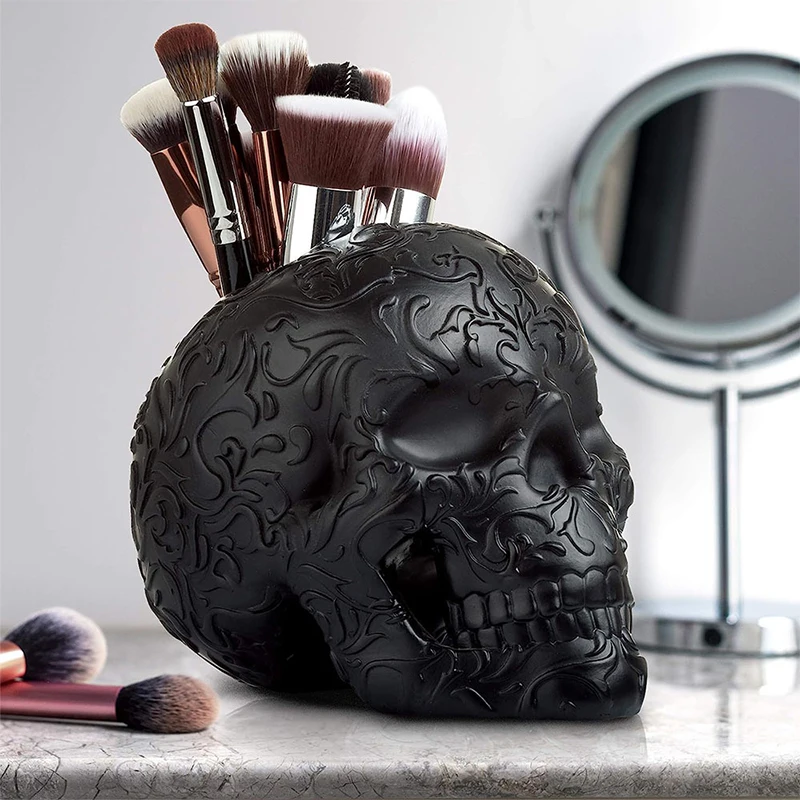 Customized Luxury Resin Gothic Decor Ornament Christmas Skull Storage Holder Makeup Organizer Makeup Brush Skeleton Bucket