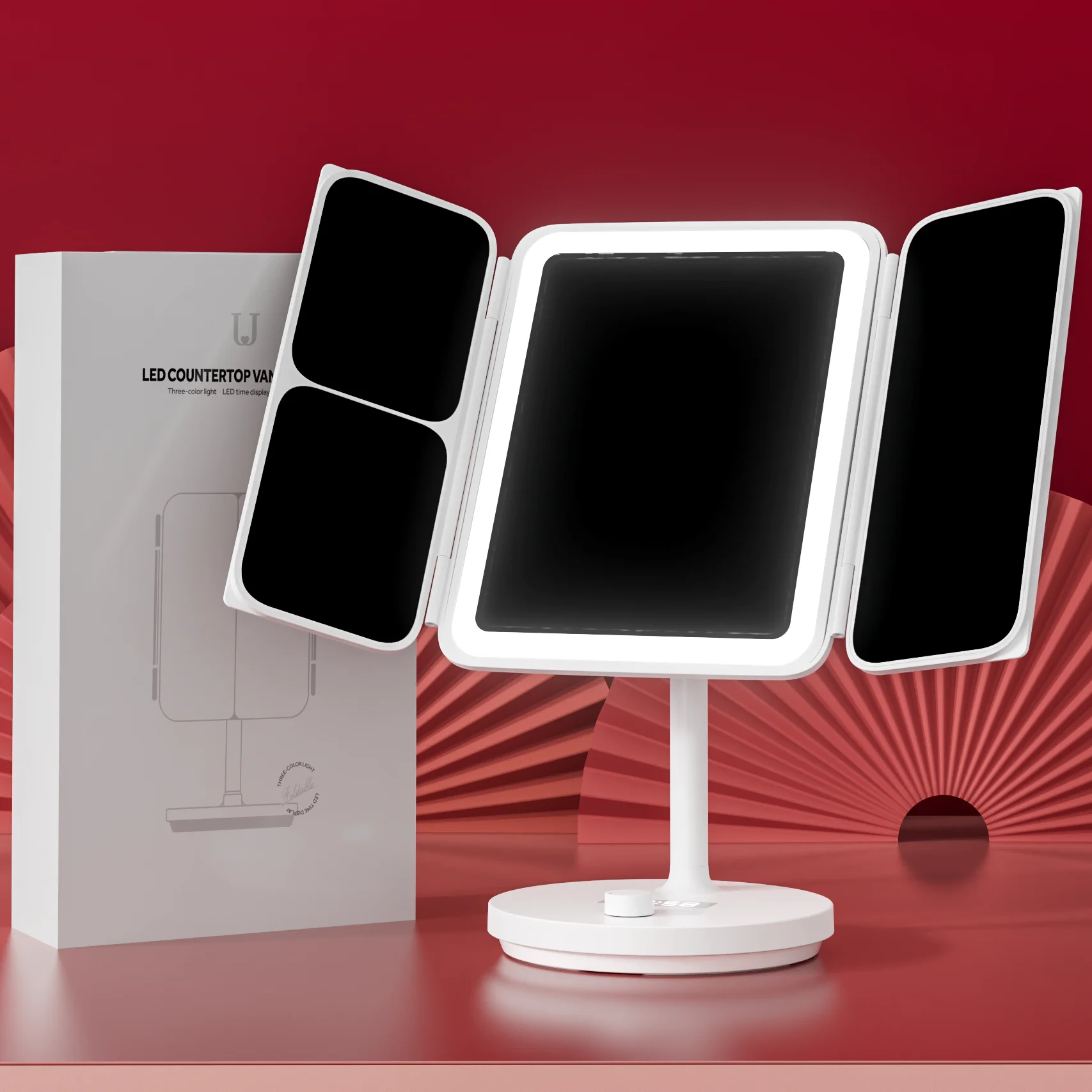 LED Desktop Vanity Mirror Intelligent Time Reminder Folding Three-Sided HD Makeup Shell Framed Magnifying Cosmetics Mirror