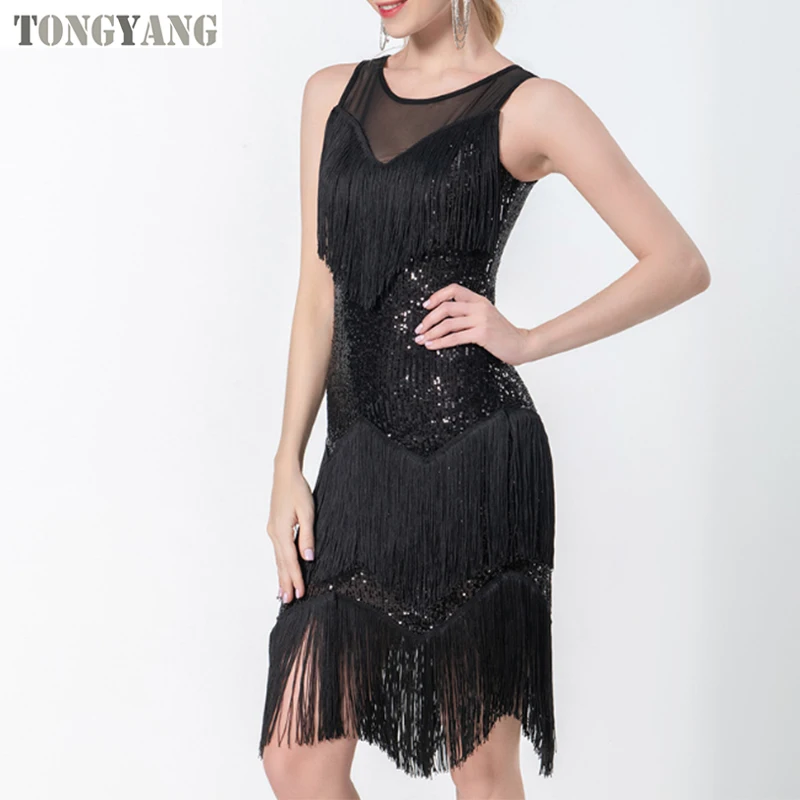 TONGYANG Womens Sparkly Sequins Tassel Dance Dresses Fringe Latin Samba Tango Wear Womens Dresses Stage wear