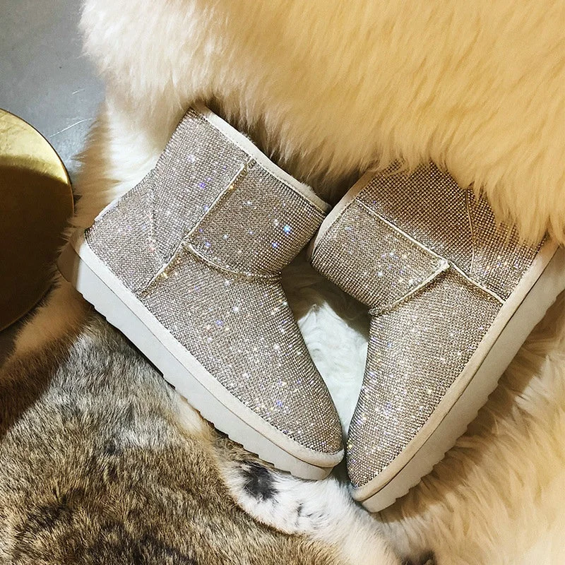 Handmade Crystal Warm Winter Boots Women Furry Snow Boots Bling Rhinestone Ankle Boots