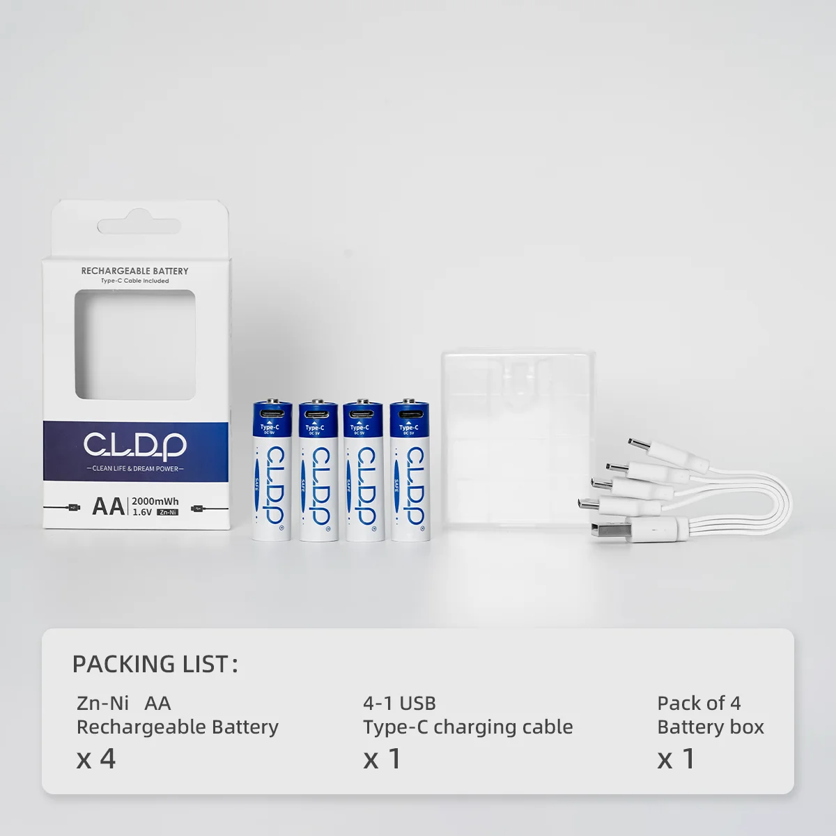 Logo custom CLDP Zinc Nickel 4pack 1.6v 2000mWh usb AA rechargeable battery with type c charging port