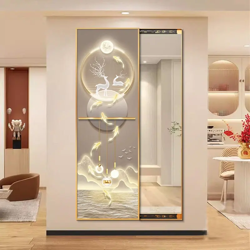 Glide and Illuminate Mirror Art Crystal Porcelain Wall Display High end push-pull mirror with nine fish and elk for beauty