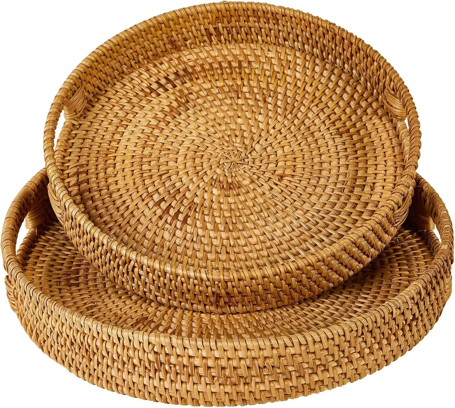 Natural Rattan Handles Handmade Woven Basket,Home Decorative Organizer Tray for Coffee Table, Breakfast, Drinks, Snack, Bread,