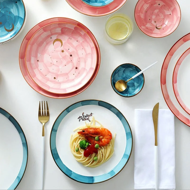 Красочные Тонкие кухонные принадлежности, наборы посуды с керамической росписью для дома и ресторана