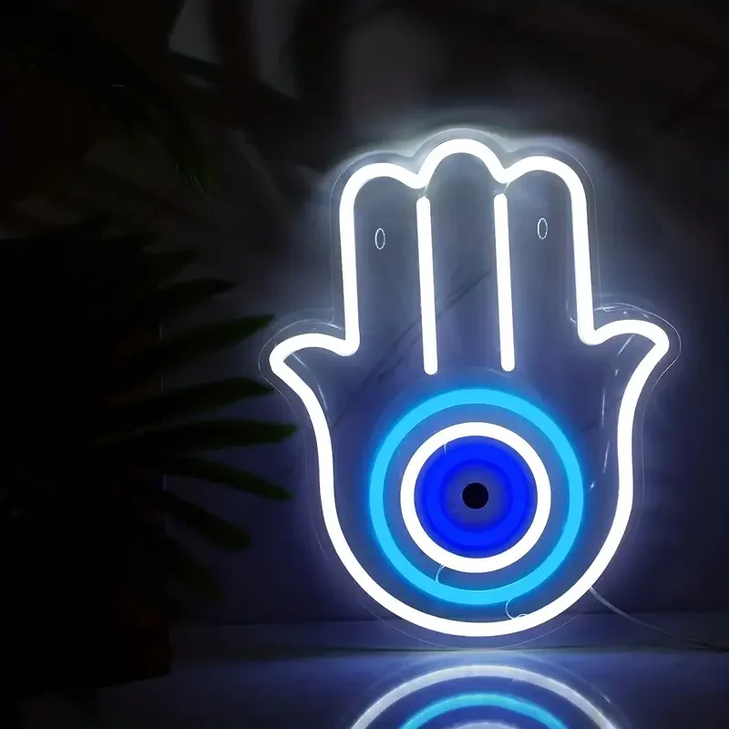 Beautiful Eyes In Palm Neon Sign Led Light Wall Decor Usb Powered Neon Wall Signs Blue White Evil Eye In Sign