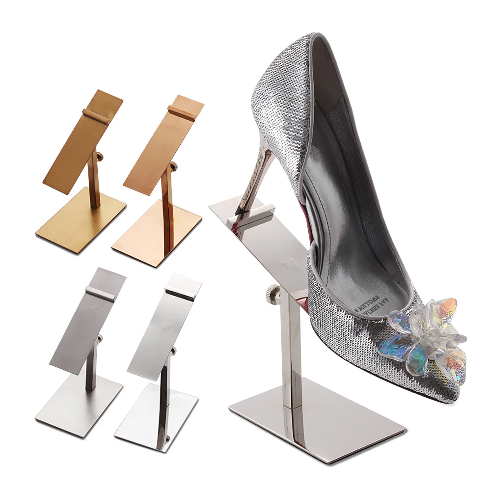 Luxury Retail Shoe Metal Stainless Steel Brushed Mirror Display stand Height Adjustable 1 Pair Shoes Display Stand Rack