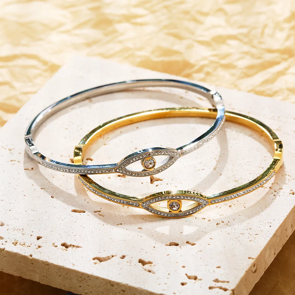 Stainless Steel Silver Gold Plated Diamond Crystal Cz Bling Zirconia Devil Eye Bangles Bracelets Women