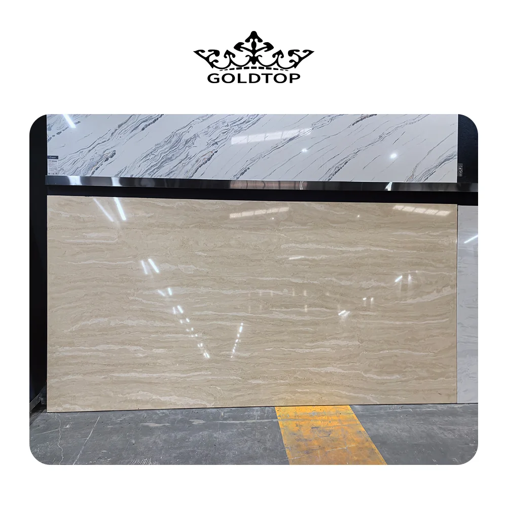 Goldtop zero silicon Supplier Polished 3.2m 1.6m 6040 Roman Travertine Modern artificial Quartz Big Slab For Hotel countertops