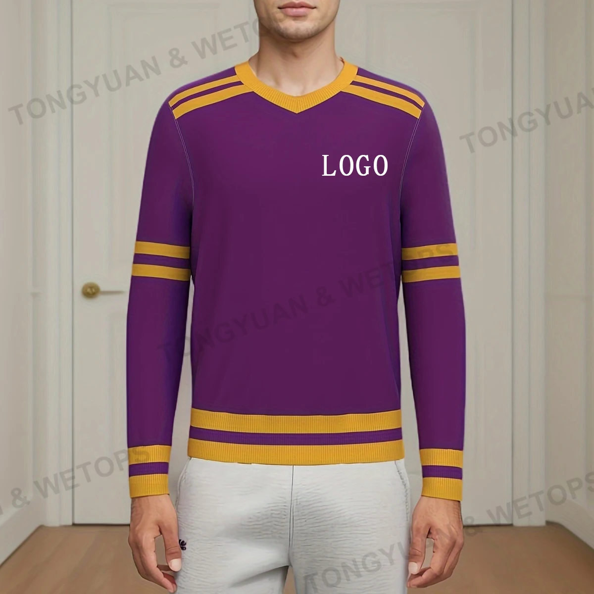 BSCI Sweater Manufacturers Fraternity Royal Purple Old Gold Striped V-Neck Sweater Winter Knitwear Embossed Printing