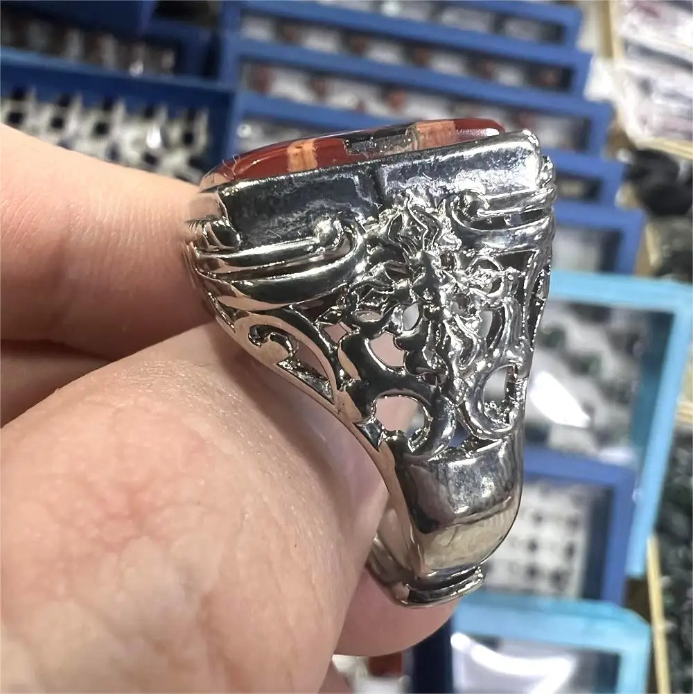 Factory Price Cheap Stone Men Rings Red Jasper Splicing Black Agate Ring Silver Color Copper Rings Jewelry Gift Stall Good