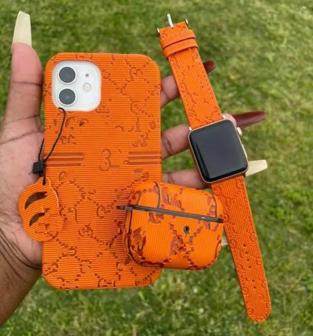 
Fashion Brand Leather Luxury phone case for phone12 11 xsmax xr 7 8plus cover and for airpod case +watch bands a set of 