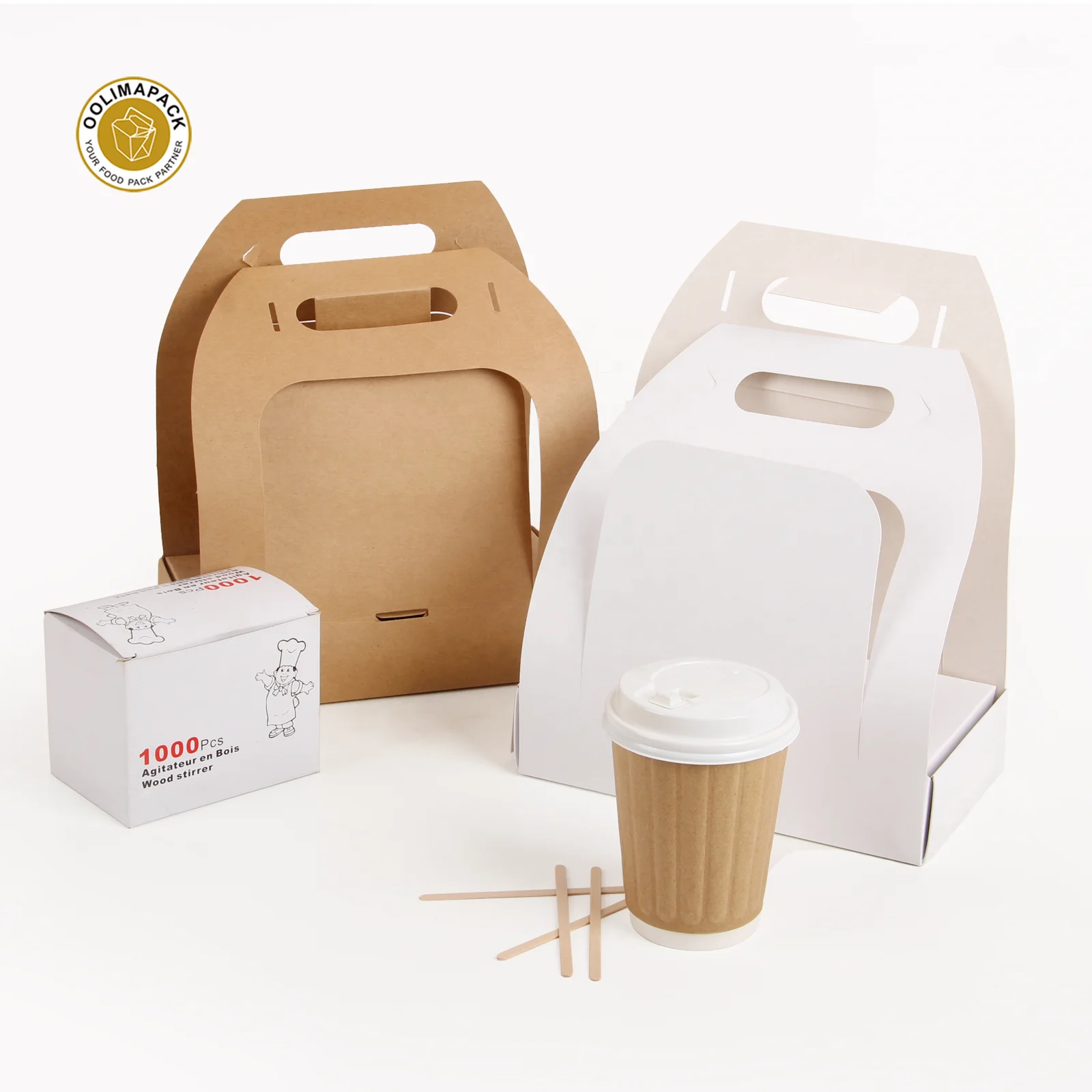 Biodegradable Disposable Paper Coffee Cup Carrier with Handle for Drink Takeaway